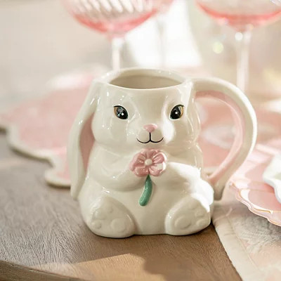 Bunny with Flower Shaped Mug, White, 4.72L x 4.65W 6.22H , Stoneware | Kirkland's Home | Kirklands