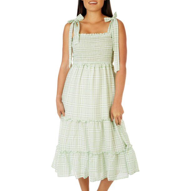 BLU PEPPER Womens Smocked Gingham Tie Strap Dress Small Green | Walmart (US)