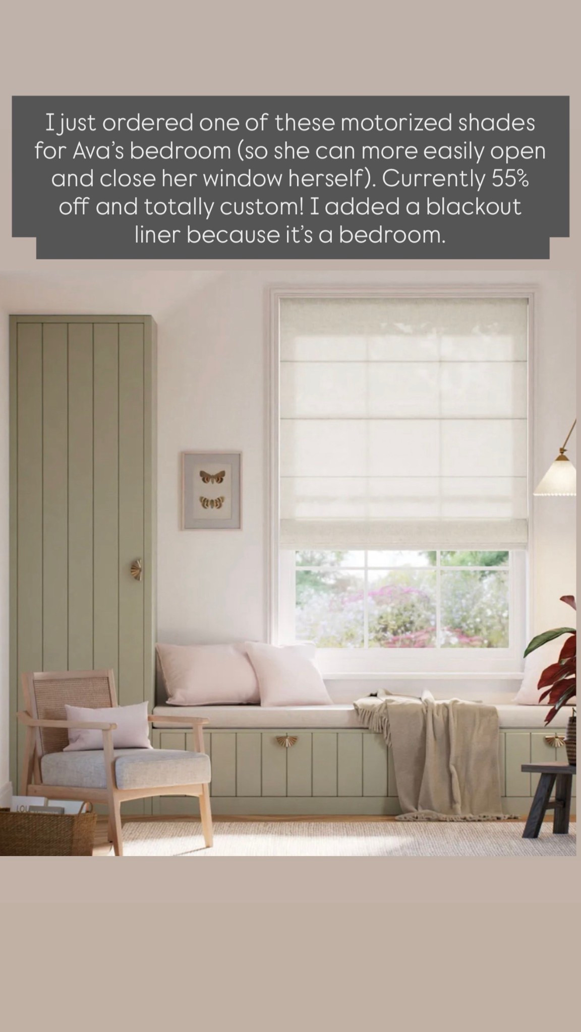 I just ordered one of these motorized shades for Ava’s bedroom (so she can more easily open and close her window herself). Currently 55% off and totally custom! I added a blackout liner because it’s a bedroom.

#LTKSaleAlert #LTKHome #LTKKids