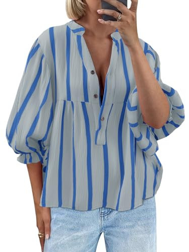 Tankaneo Womens Puff Sleeve Babydoll Tops Summer V Neck Striped Blouse Cute Casual Loose Fit Flowy Shirts Grey | Amazon (US)