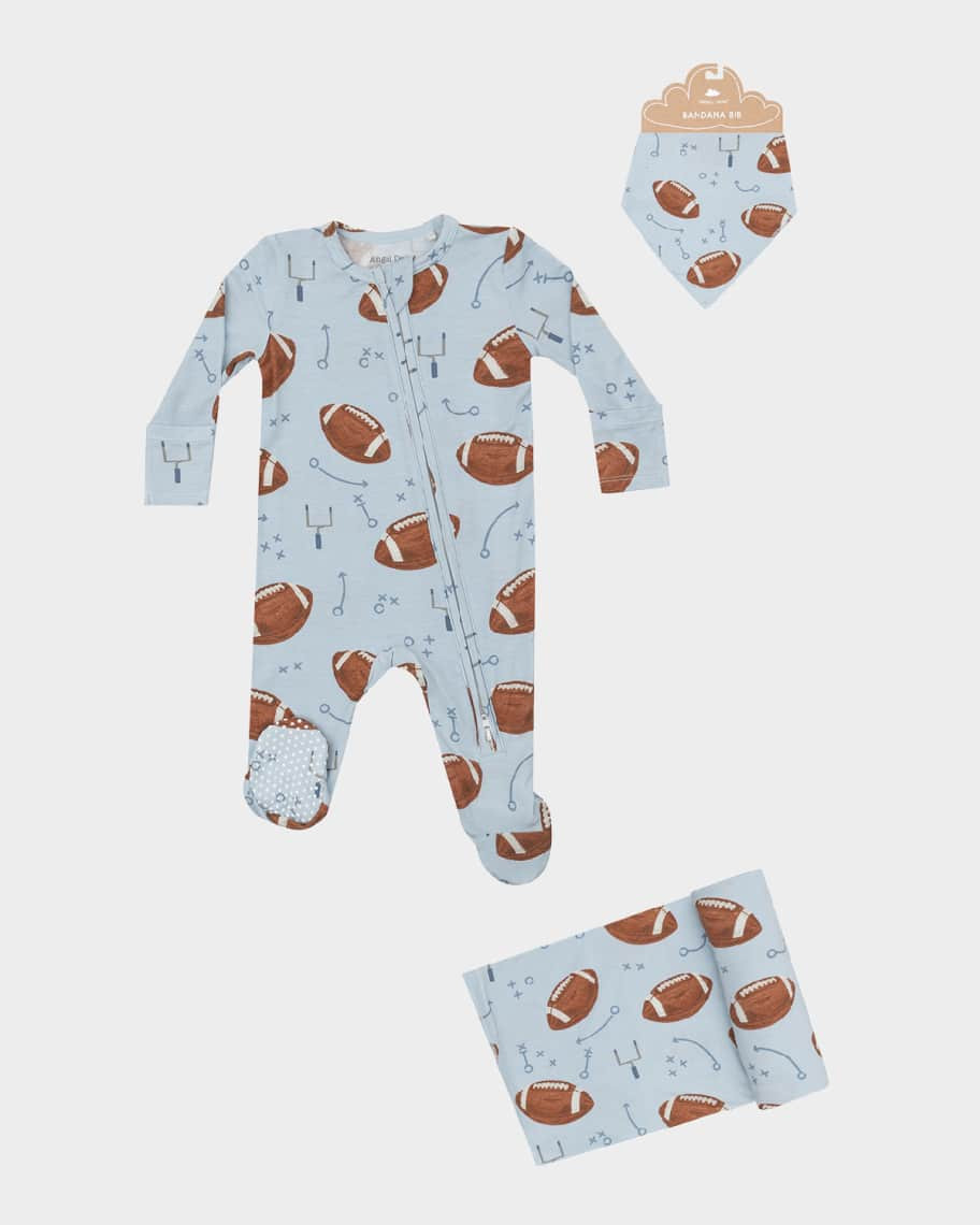 Angel Dear Boy's Football-Print Footie W/ Swaddle Blanket & Bandana Bib Set, Size Newborn-9M | Neiman Marcus
