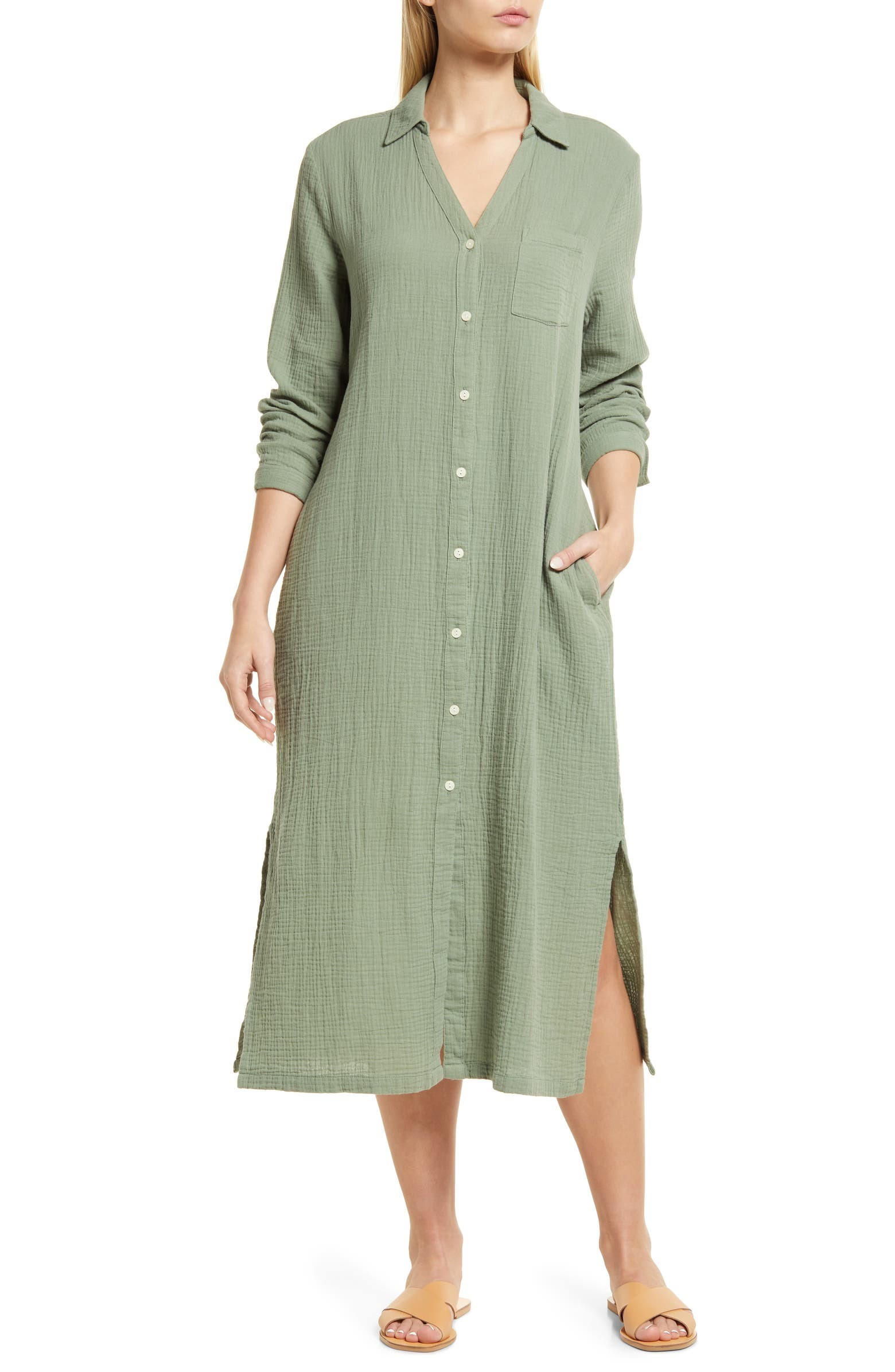 Cotton Gauze Long Sleeve Midi Shirtdress | Nordstrom