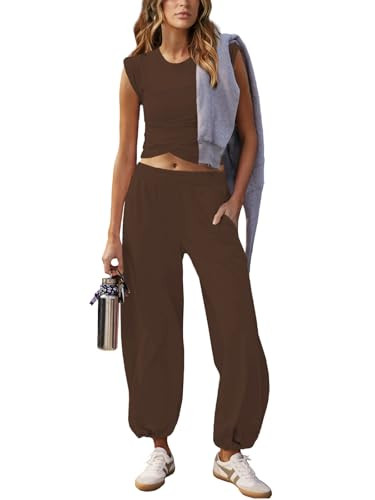 Outfeel Women 2 Piece Outfit Set Loungewear Cropped Tops and Jogger Sweatpant Matching Set Coordinated Sweatsuit with Pockets Coffee Small | Amazon (US)