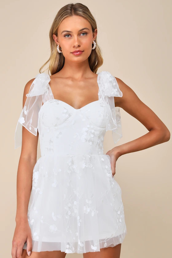 Precious Whimsy White Mesh Embroidered Tie-Strap Skort Romper | Lulus