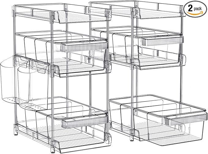 3 Tier Clear Pull/Slide Out Bathroom Organizers 2 Pack with 2 Cups, Multi-Purpose Kitchen Under S... | Amazon (US)