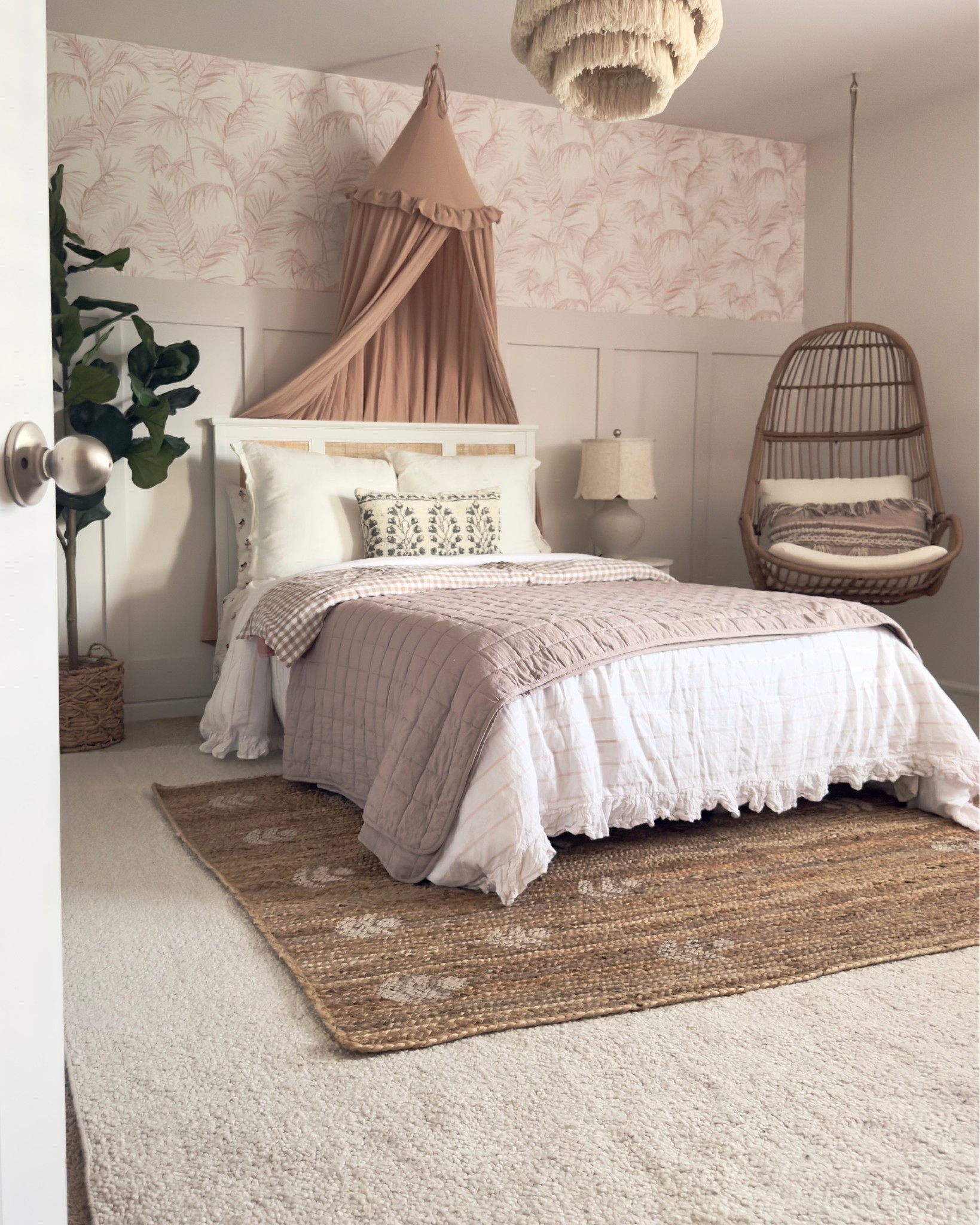 Whimsical big girl room decor!
Washable layering rug, ruffles comforter set, pink palm wallpaper, tassel chandelier, neutral pink big girl room

#LTKSaleAlert #LTKHome #LTKFindsUnder100