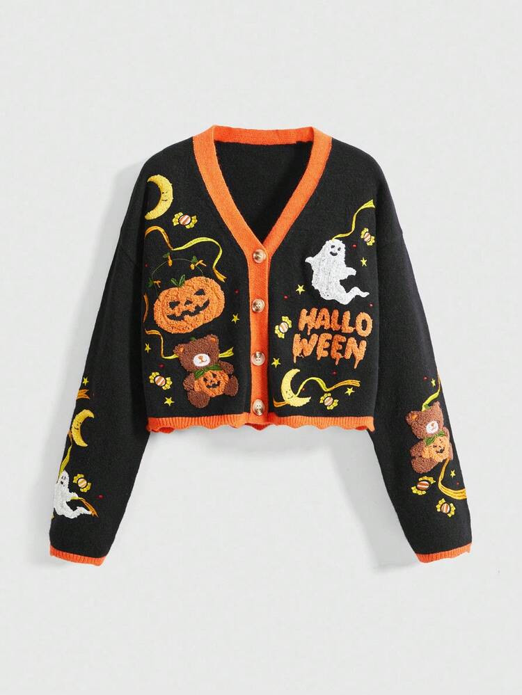 ROMWE Fairycore Halloween Pumpkin Colorblock Cardigan For Women | SHEIN