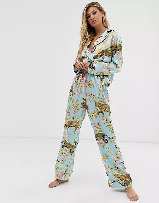 ASOS DESIGN leopard botanical traditional satin pyjama set | ASOS (Global)