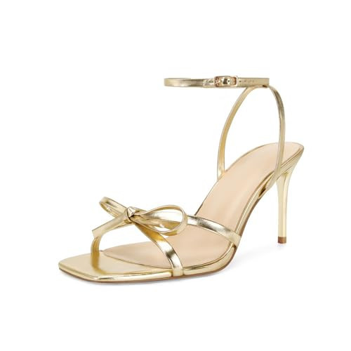 Dsevht Gold Bow Heels for Women Sexy Stiletto Strappy Heeled Sandals Square Open Toe Bow Knot Metallic Slingback Heels Dress Shoes | Amazon (US)