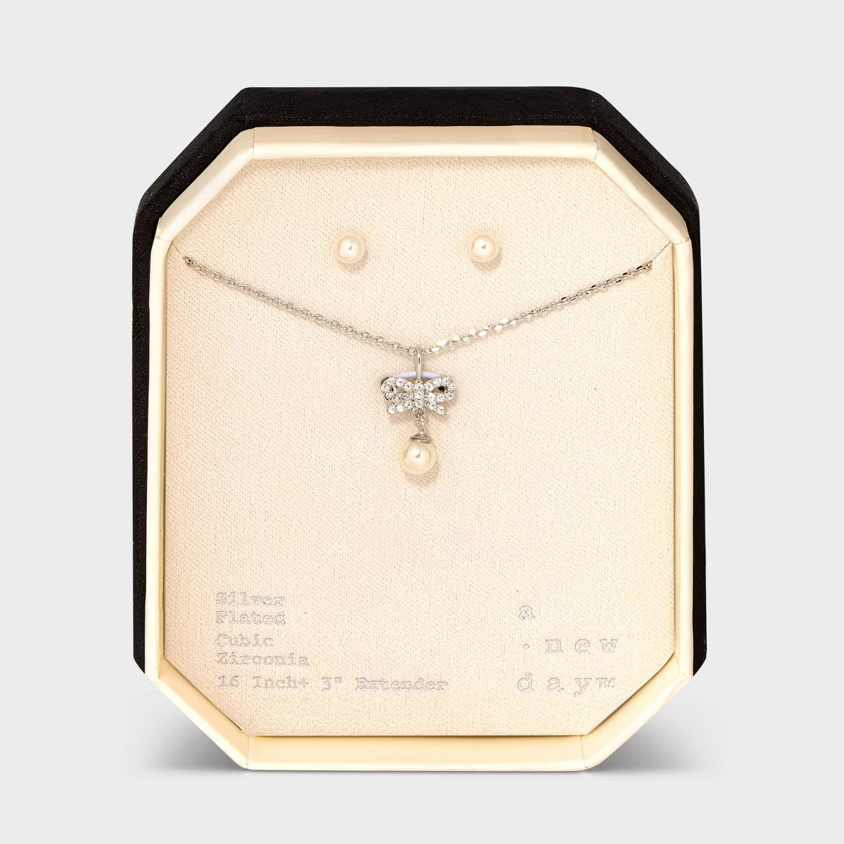 Silver Plated Pearl Stud Earring and Pave Bow Pendant Necklace Set 2pc - A New Day™ Silver | Target