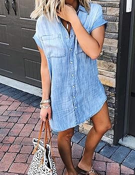 Zilcremo Women Denim Shirt Dresses Short Sleeve Distressed Jean Dress Button Down Casual Tunic To... | Amazon (US)