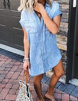 Zilcremo Women Denim Shirt Dresses Short Sleeve Distressed Jean Dress Button Down Casual Tunic To... | Amazon (US)