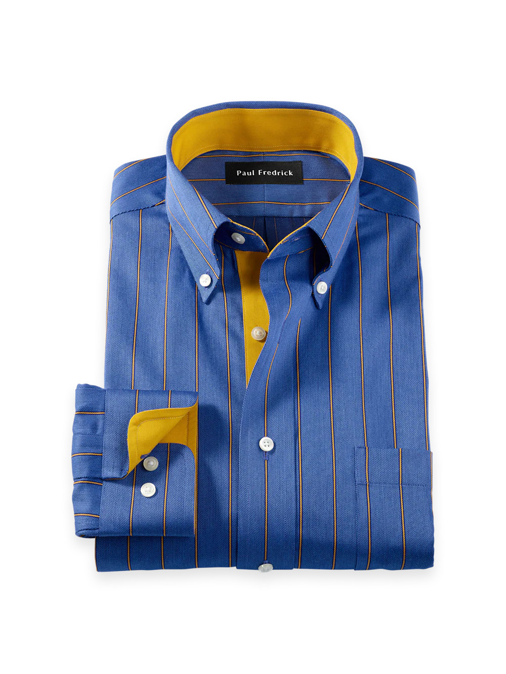 Comfort Stretch Non-Iron Stripe Dress Shirt With Contrast Trim - Navy/gold | Paul Fredrick MenStyle
