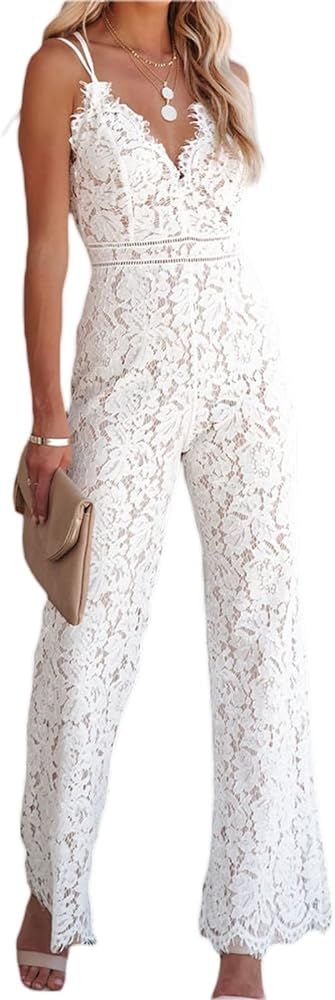 Women Spaghetti Straps Jumpsuit Lace top Long Elegant Wide Leg High Waisted Jumpsuit Rompers | Amazon (US)