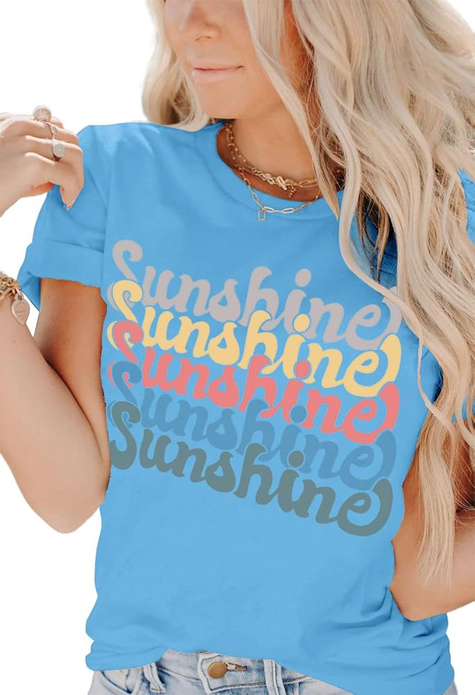 INFITTY Womens Funny Letters Print T Shirts Short Sleeve Shirts Cute Sunshine Graphic Tees Summer... | Amazon (US)
