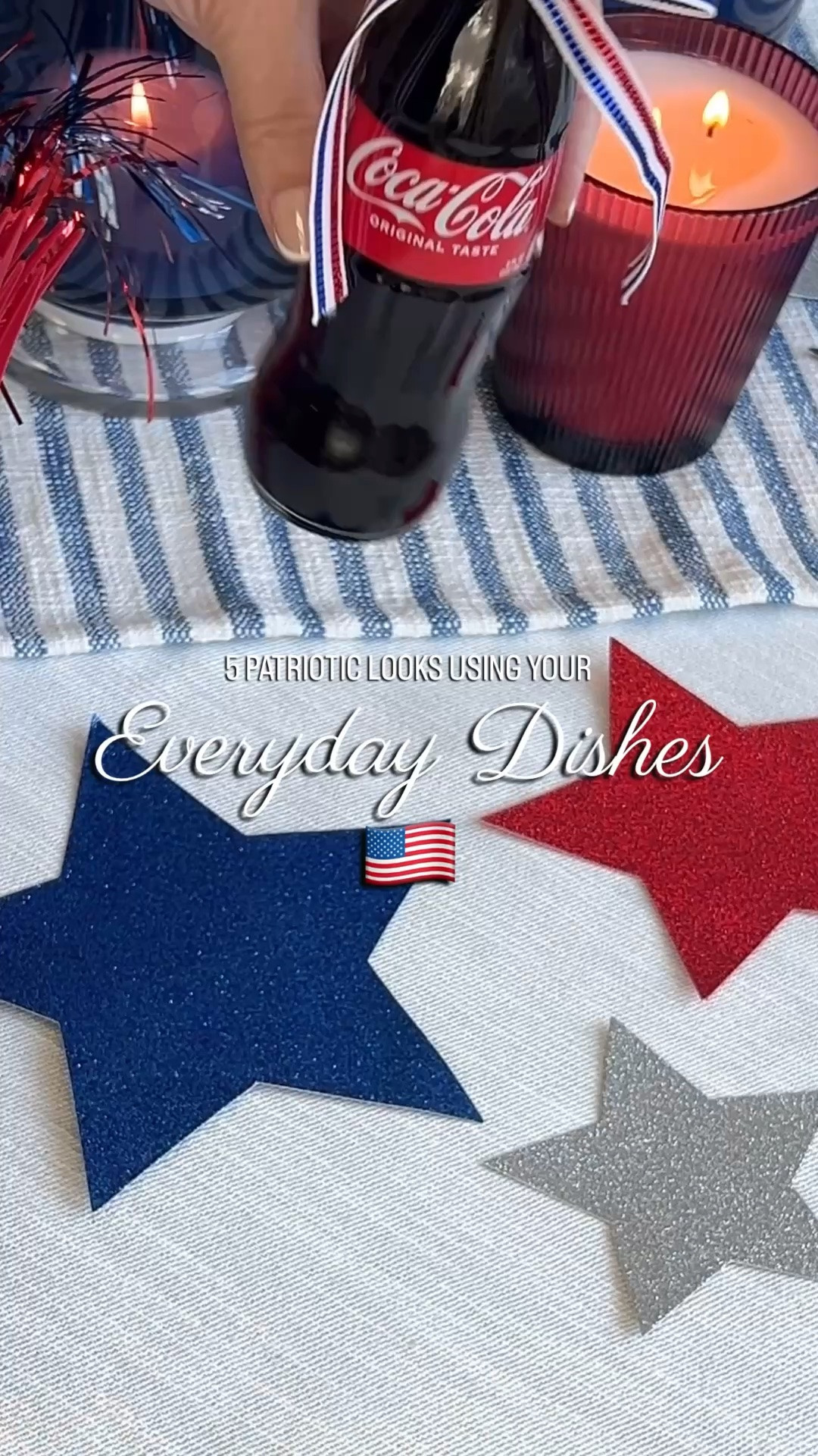 Everyday dishes styled for a patriotic tablescape using neutral white dinner plates, blue floral toile salad plates, woven rattan chargers, striped linen napkins, star print napkins, red white and blue ribbon bow detail, mini Coca-Cola glass bottles, summer hosting table, 4th of July table decor, Memorial Day table, Americana table setting, layered place settings, casual elegant entertaining, hostess styling ideas, mix and match dishes, budget friendly tablescape, outdoor summer dining inspiration, modern classic table styling

#LTKHome #LTKfoodie