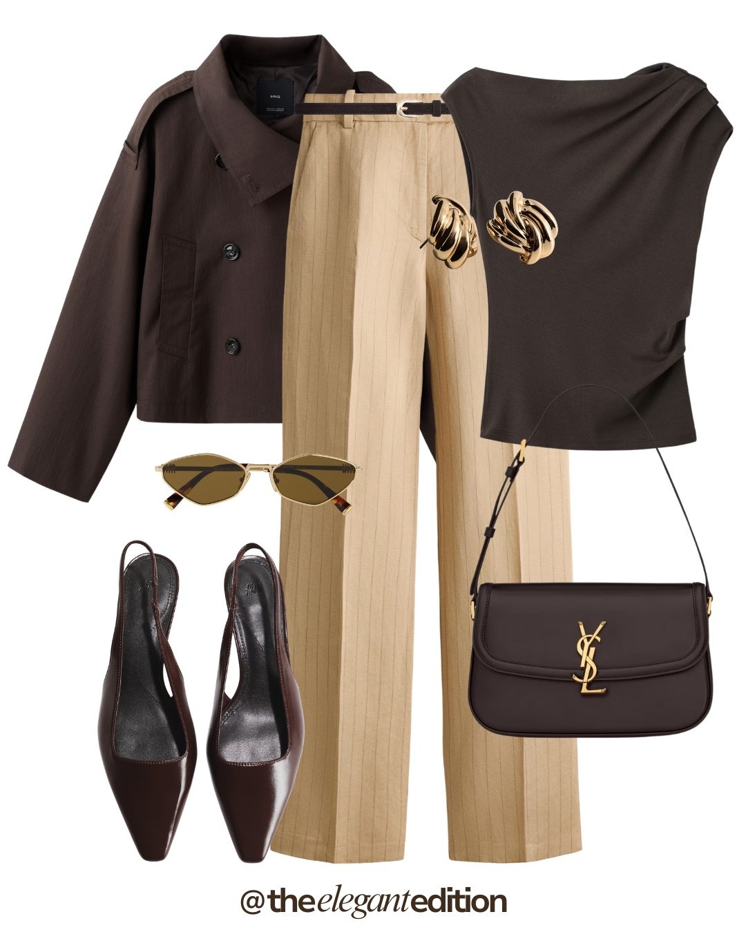 Beige Pinstripe Trousers Outfit 🤎🤍
Tags: beige pinstripe trousers tailored wide leg brown leather belt chocolate brown blazer cropped oversized chocolate brown tee sleeveless padded shoulder chocolate brown slingback heels pointed toe chocolate brown YSL shoulder bag crossbody gold hardware sunglasses gold cat eye gold earrings chunky spring transitional workwear chic sophisticated elegant
#LTKspring #LTKstyletip #LTKworkwear

#LTKspring #LTKstyletip #LTKeurope