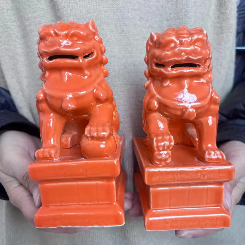 Ceramic Orange Glaze Guardian Lion Pair Chinese Home Decor | Etsy (Global)
