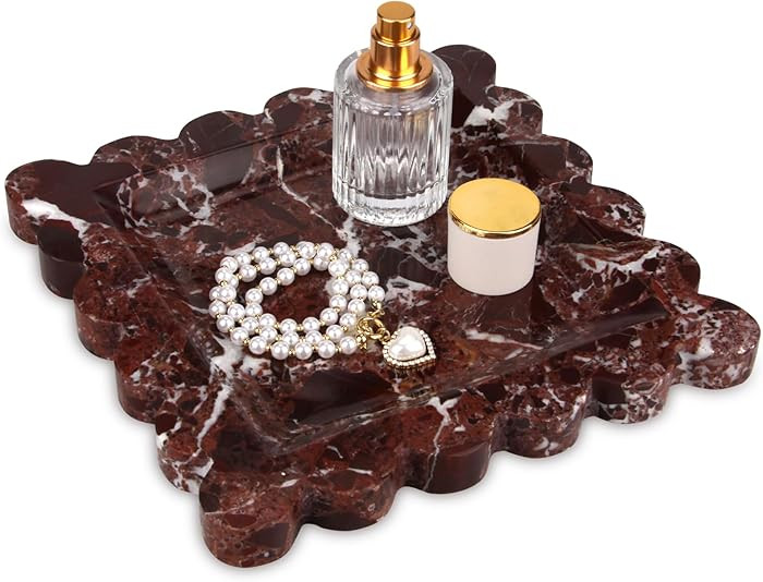 Square Marble Decorative Tray with Scalloped Edge,Luxury Natural Stone Bathroom Vanity Tray, Dres... | Amazon (US)