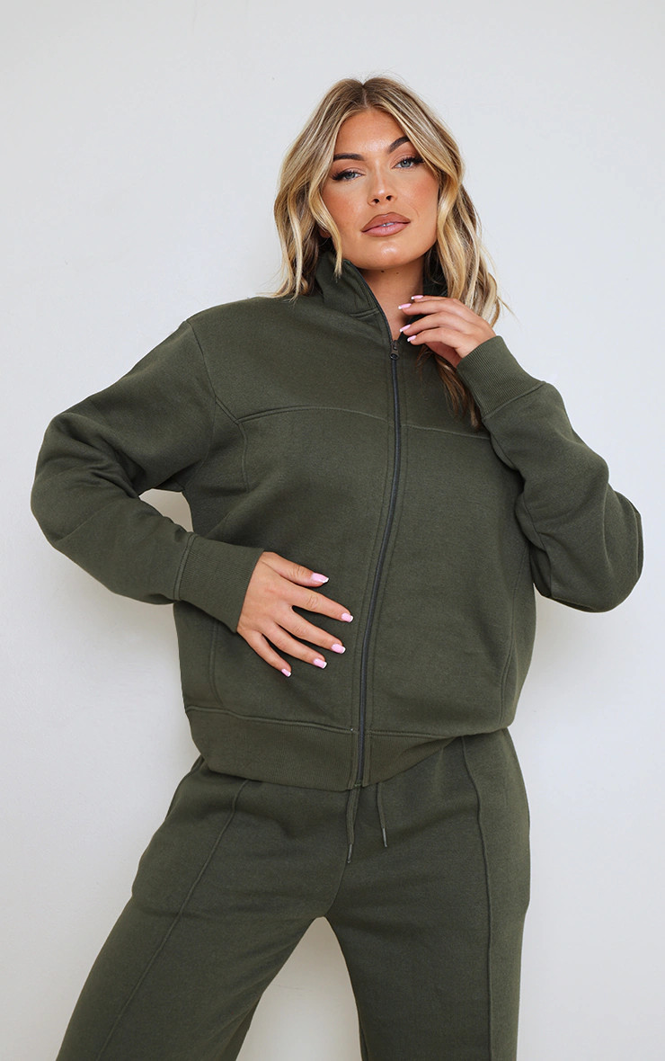 Moss Khaki Seam Detail Zip Track Top | PrettyLittleThing UK