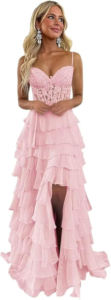 Women's Lace Appliques Tiered Prom Dresses for Formal Wedding Spaghetti Strap Corset Chiffon Even... | Amazon (US)