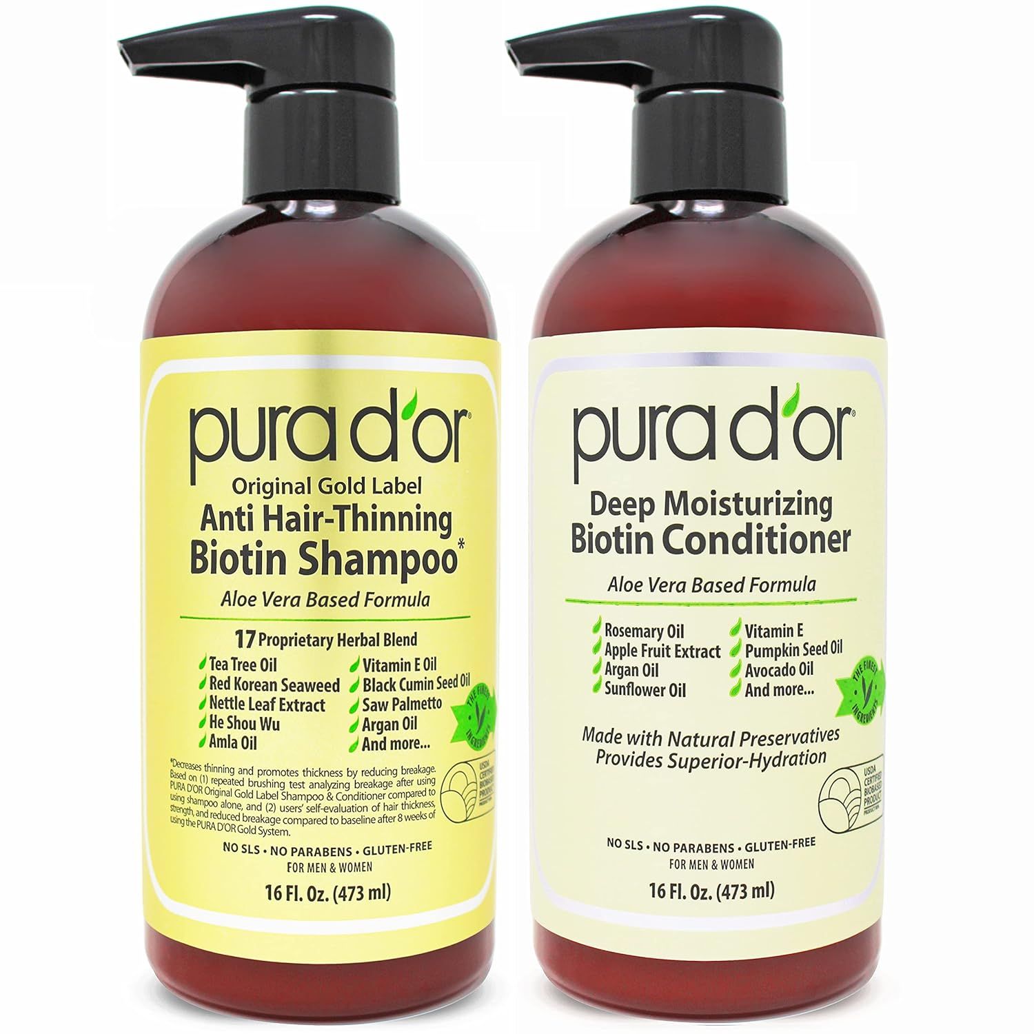 PURA D'OR Anti-Thinning Biotin Shampoo and Conditioner Original Gold Label Set (16 Oz x2) Natural... | Amazon (US)