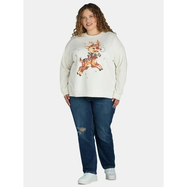Terra & Sky Women's Plus Size Embellished Reindeer Graphic Sweatshirt with Long Sleeves, Sizes 0X... | Walmart (US)