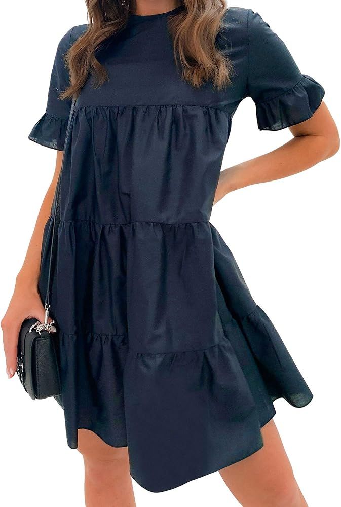 Eliacher Women Babydoll Dress Draped Sleeveless Ruffles Loose Swing Tunic Shift Mini Dress | Amazon (US)