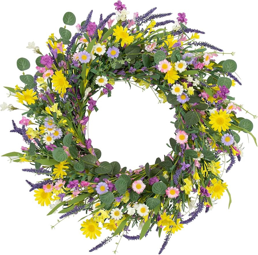 J'FLORU Spring Wreaths for Front Door 22 Inch Artificial Summer Wreath Daisy and Lavender Wreath ... | Amazon (US)