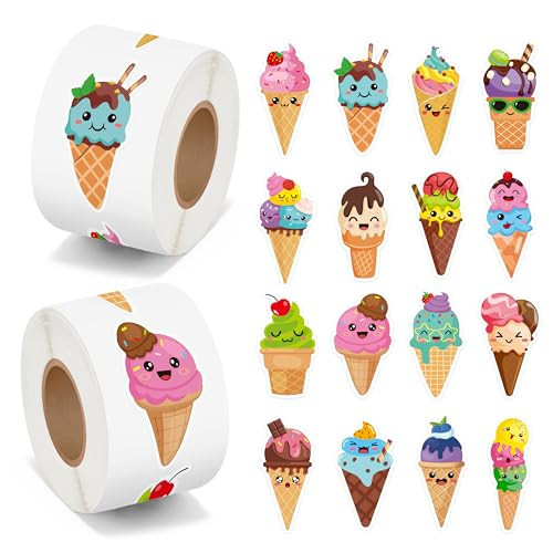 BeYumi Cute Ice Cream Sticker - 1000Pcs Summer Cute Ice Cream Cone Stickers in 2 Rolls Waterproof Vinyl Sweet Cartoon Dessert Decals for Gift Laptop Bottle Scrapbooking Luggage Envelope Decor for Kids | Amazon (US)