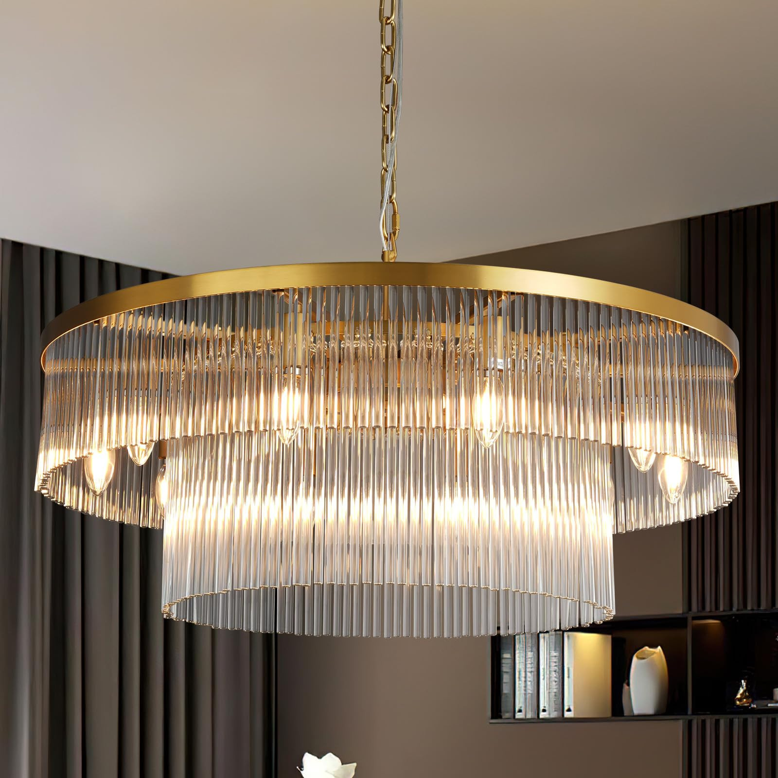 Glass Chandeliers, 31.5" 2-Tier 10-Light Gold Chandelier for Living Room, Round Chandeliers for D... | Amazon (US)