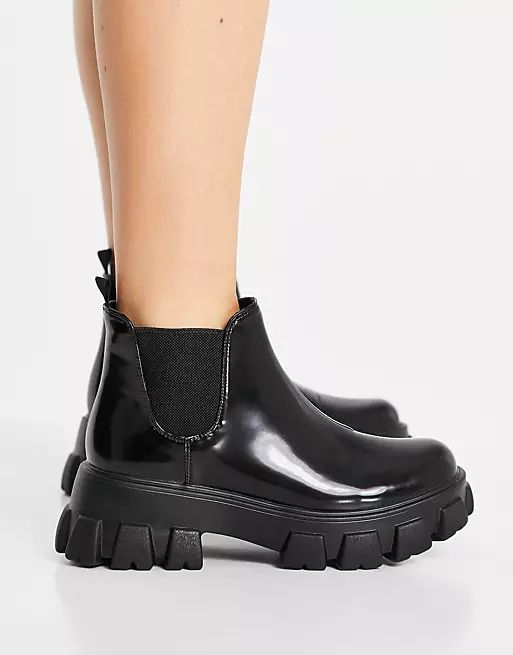 Miss Selfridge patent boot with chunky sole in black | ASOS (Global)