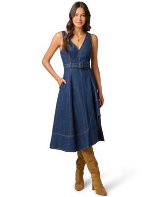Adrianna Papell Women's V-Neck Denim Hitch Skirt Dress - Navy | Macy's