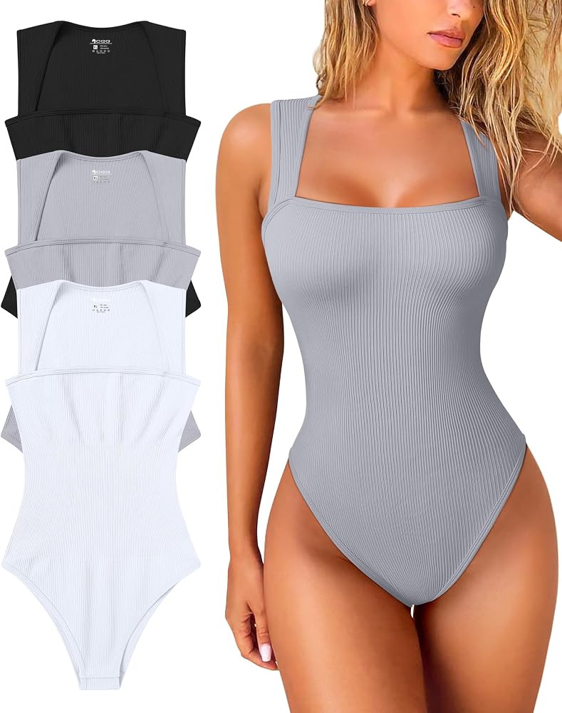 OQQ Women's 3 Piece Bodysuits Sexy Ribbed Strappy Square Neck Sleeveless Tummy Control Tank Tops ... | Amazon (US)
