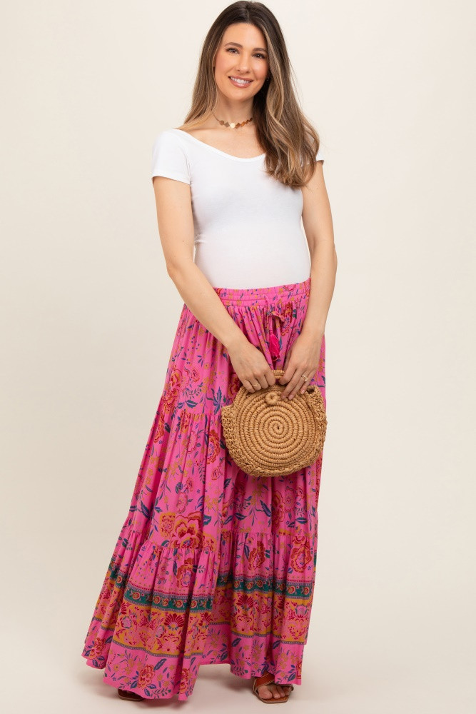 Pink Floral Tiered Maternity Maxi Skirt | PinkBlush Maternity