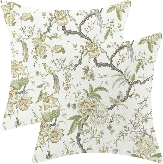 GIOPAMGO Chinoiserie Pillow Covers 18x18 Set of 2, Outdoor Olive Green Birds Flowers Throw Pillow... | Amazon (US)
