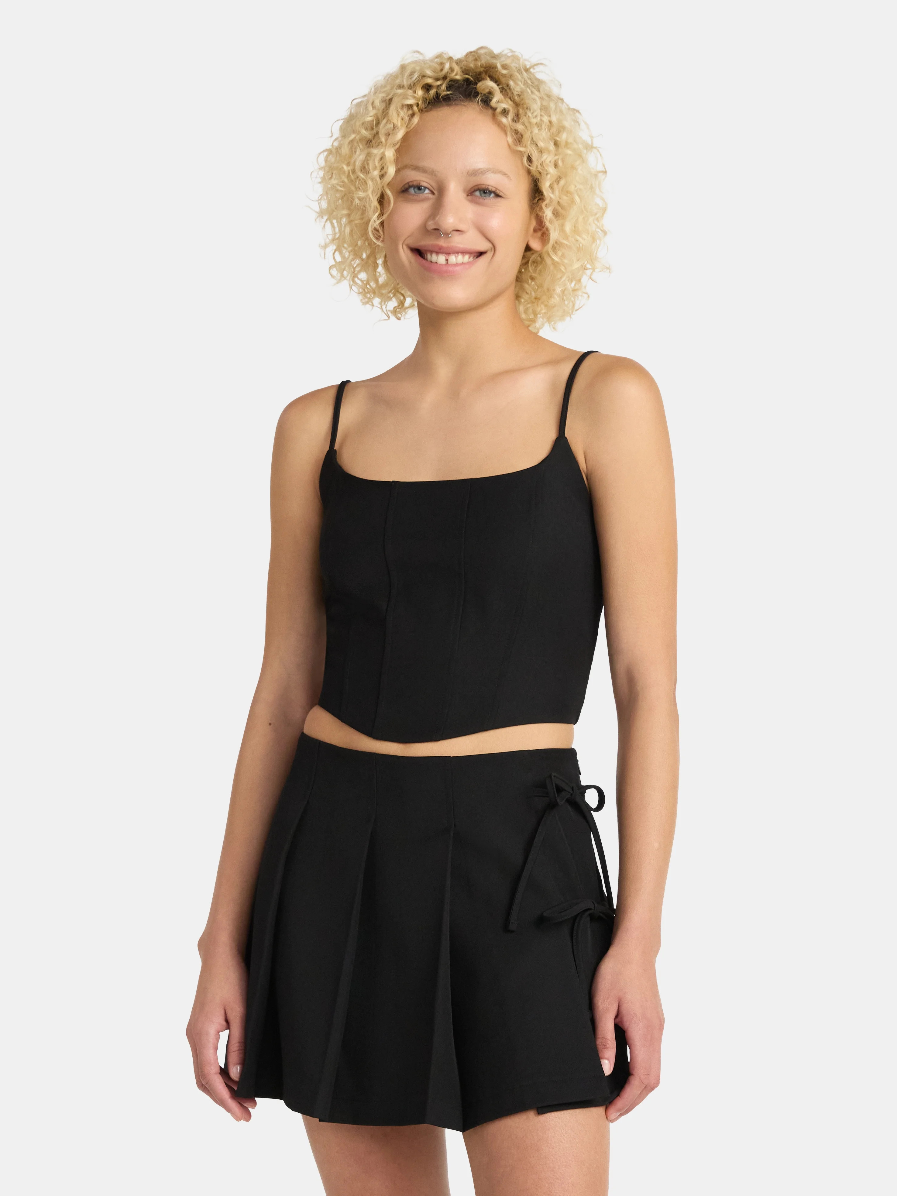 No Boundaries Corset Top and Pleated Mini Skirt Set, 2-Piece, Women's | Walmart (US)