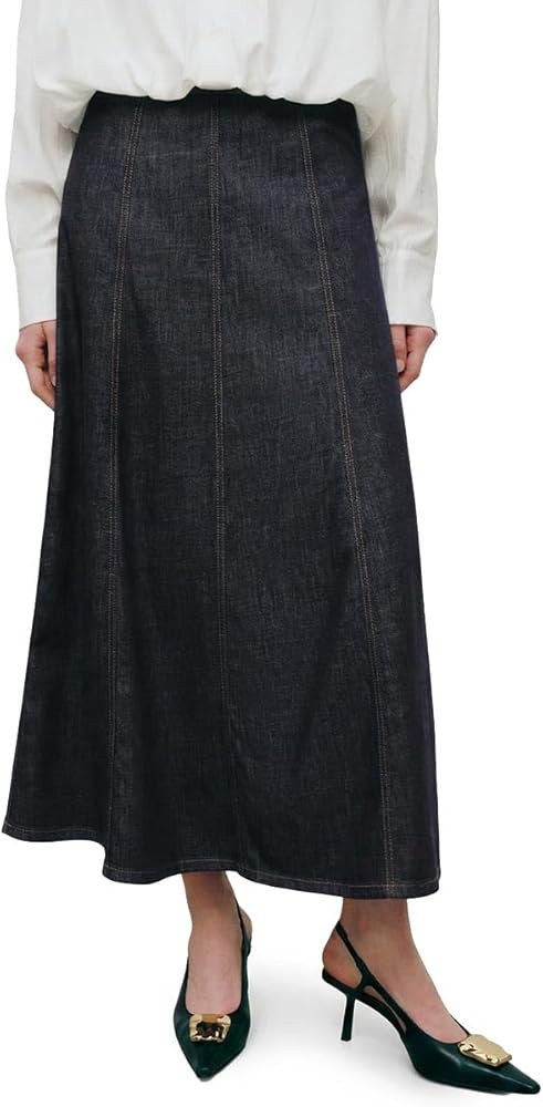 URBAN REVIVO Women's High Waist Denim Midi Skirt \u2013 A\u2011Line Flared Jean Skirt | Amazon (US)