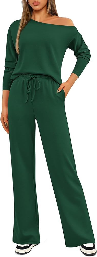 KIRUNDO Womens Fall 2 Piece Outfits 2024 Long Sleeve Off Shoulder Tops & Drawstring Wide Leg Pant... | Amazon (US)