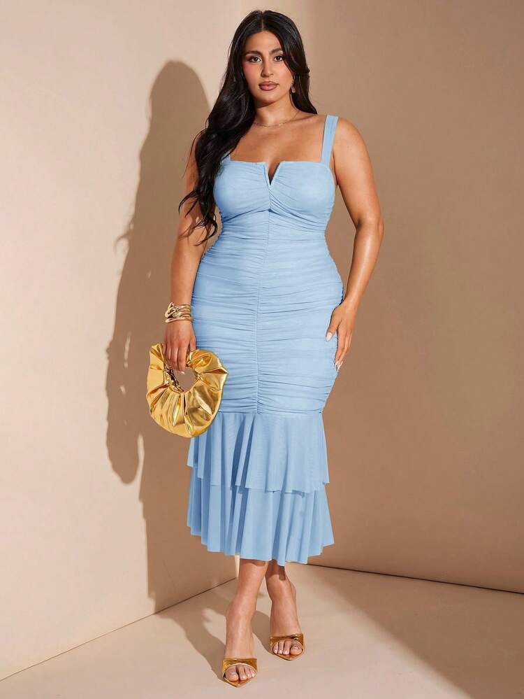 SHEIN BAE Plus Size Women's V-Neck Ruched Ruffle Hem Midi Bodycon Dress, Vacation Party Dress | SHEIN