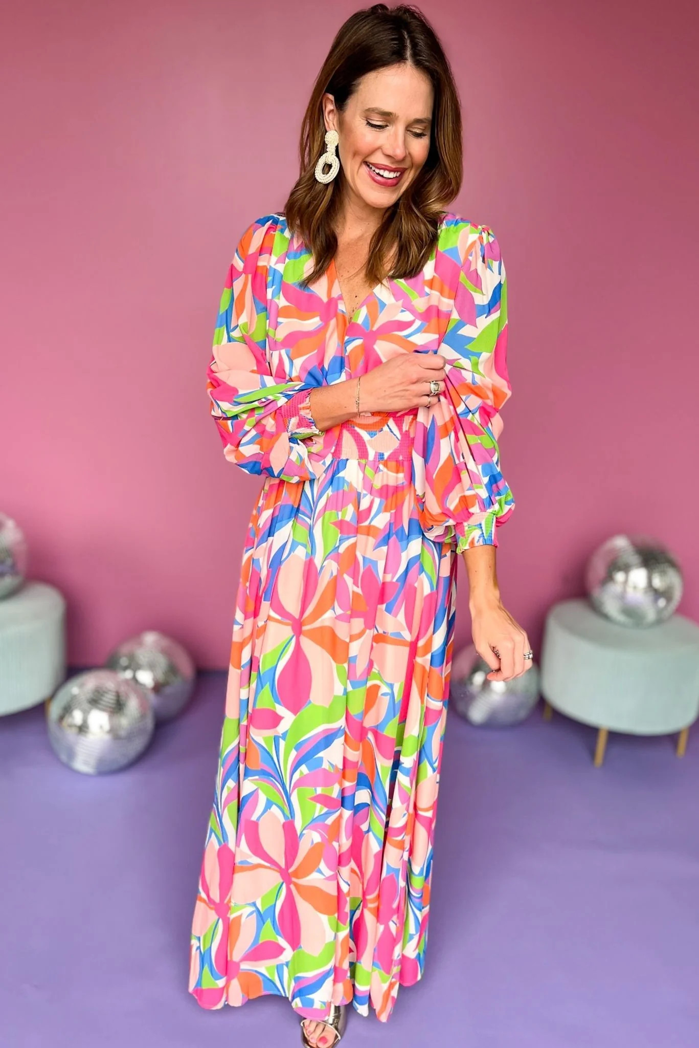 Pink V Neck Long Sleeve Smocked Cuff Waist Band Maxi Dress | Shop Style Your Senses