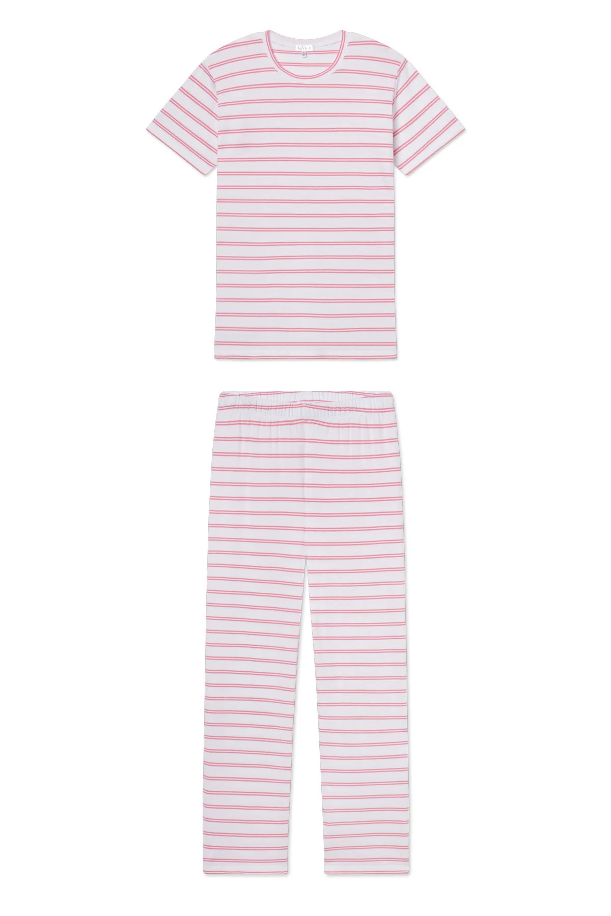 Pima Crew Short-Long Set in Sunkissed Coral Tidal Stripe | Lake Pajamas
