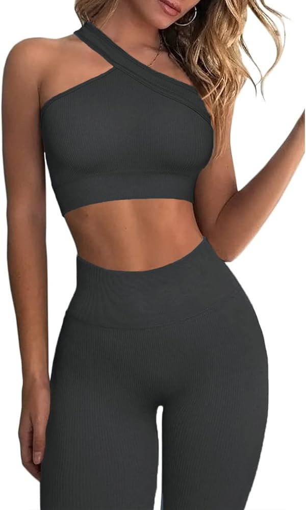 Hwnovdy Ribbed Workout Outfits for Women 2 Piece Seamless Sport Bra High Waist Yoga Leggings Sets | Amazon (US)