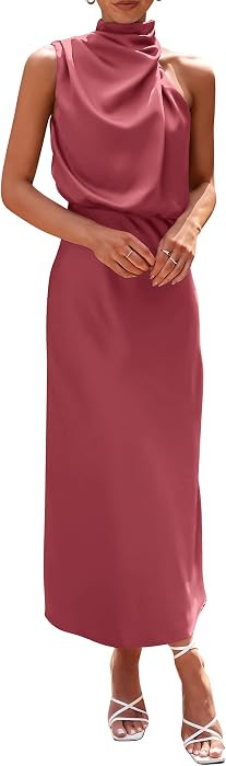 PRETTYGARDEN Women's 2026 Summer Satin Dress Elegant Sleeveless Mock Neck Cocktail Party Maxi Dre... | Amazon (US)