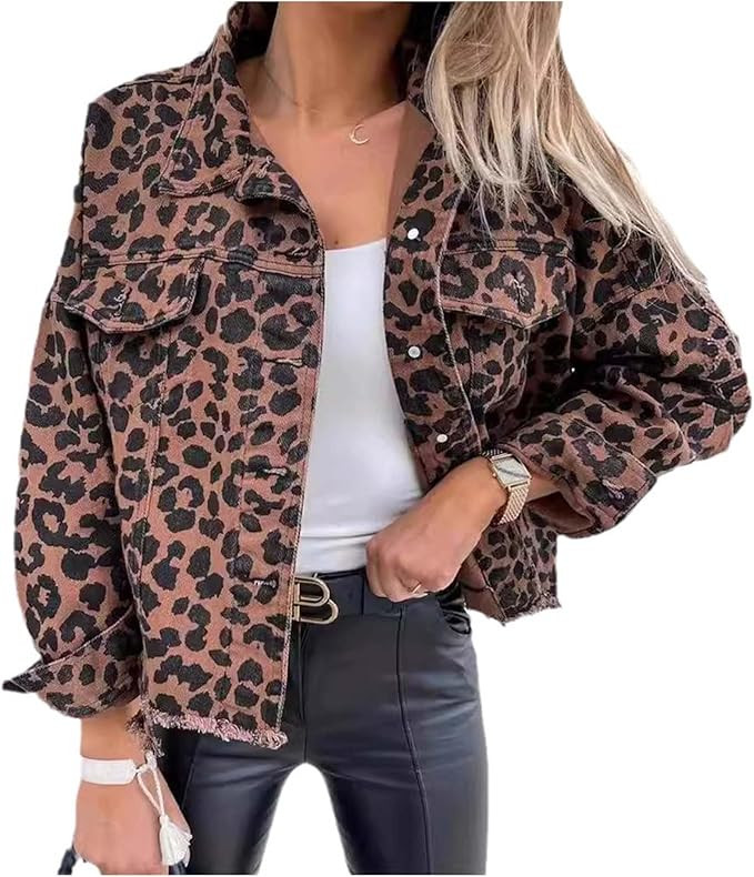 xxxiticat Women's Leopard Print Denim Jacket Long Sleeve Animal Printed Raw Hem Button Down Cropp... | Amazon (US)