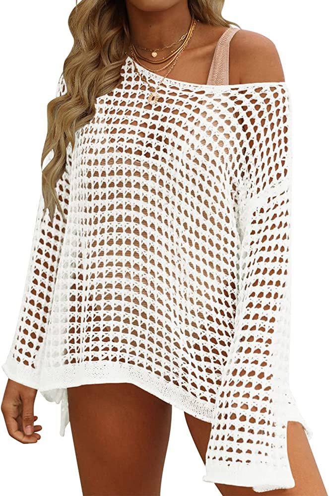 ZESICA Women's Summer Crochet Hollow Out Long Sleeve Beach Bikini Swimsuit Mesh Cover Up Tunic Top | Amazon (US)