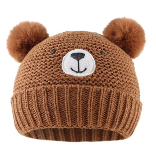 JANGANNSA Cute Bear Baby Beanie Pompom Baby Boys Hat Infant Toddler Winter Knitted Beanies for Girls (0-6 Months Walnut) | Amazon (US)