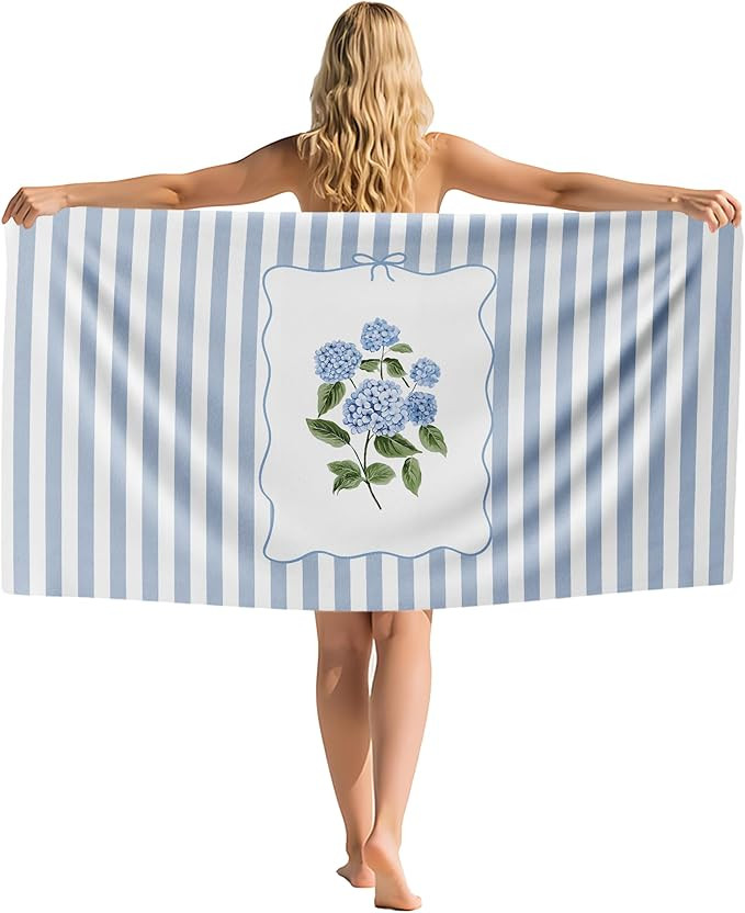 Preppy Hydrangea Beach Towel Decor, Blue and White Floral Sand Beach Towels Gifts for Women Men, ... | Amazon (US)