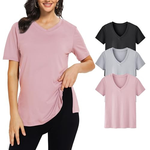 Showitty 3 Pack T Shirts for Women, Short Sleeve V Neck Basic Tees Loose Fit Cute White Black Tops for Casual Outfits | Amazon (US)
