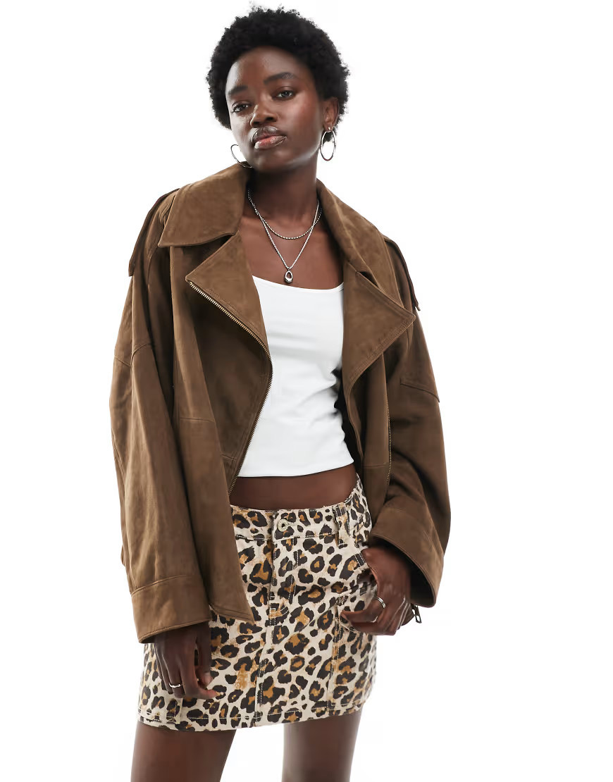 ASOS DESIGN real suede moto jacket with quilted lining in brown | ASOS (Global)